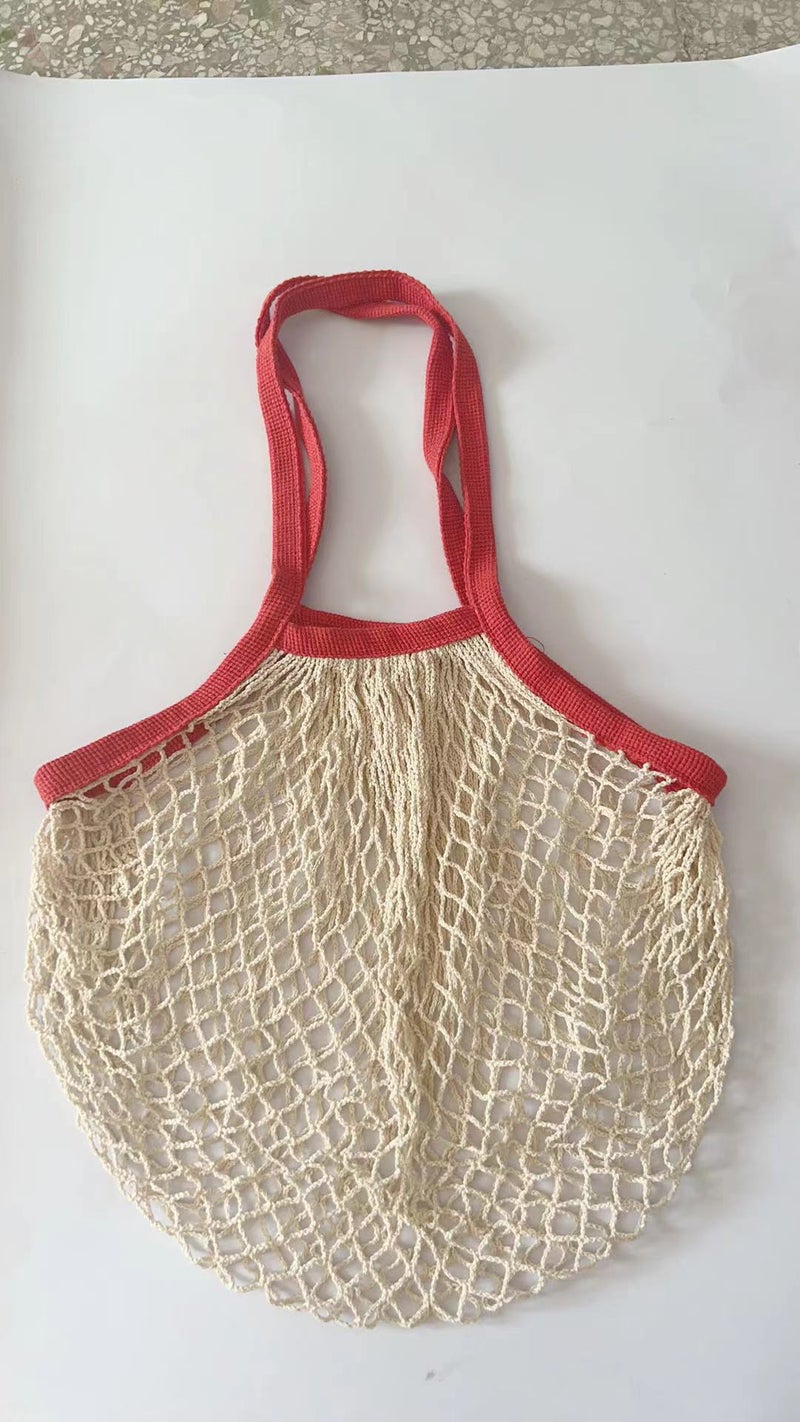 Cotton Mesh Bag for Grocery Beach Toys red spell beige 