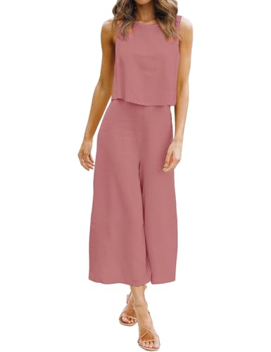 ROYLAMP Women's Summer 2 Piece Outfits Round Neck Crop Basic Top Cropped Wide Leg Pants Set Jumpsuits Cherry Pink M - Image 2