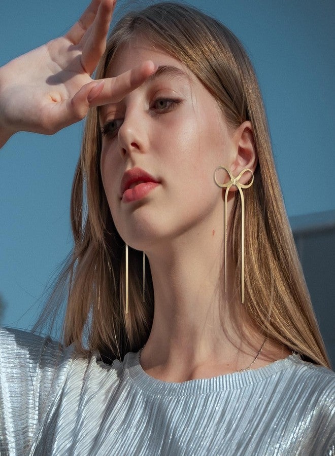 Spiritlele Gold Bow Drop Dangle Statement Earrings for Women Long Tassel Chain Dangling Earrings Jewelry - Image 3