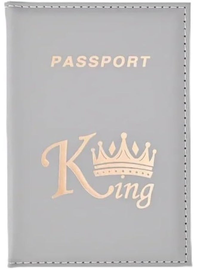 غطاء جواز سفر من الجلد الصناعي للرجال بتصميم تاج "King" - اللون رومادى فاخر لحماية وثائق السفر - Image 1