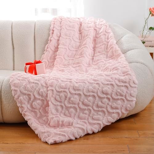 All Smiles Valentine's Day Throw Blankets -Soft Worm Cozy Premium Flannel Blanket Decor Gifts for Women,Pink Heart 50"x60" - Image 1