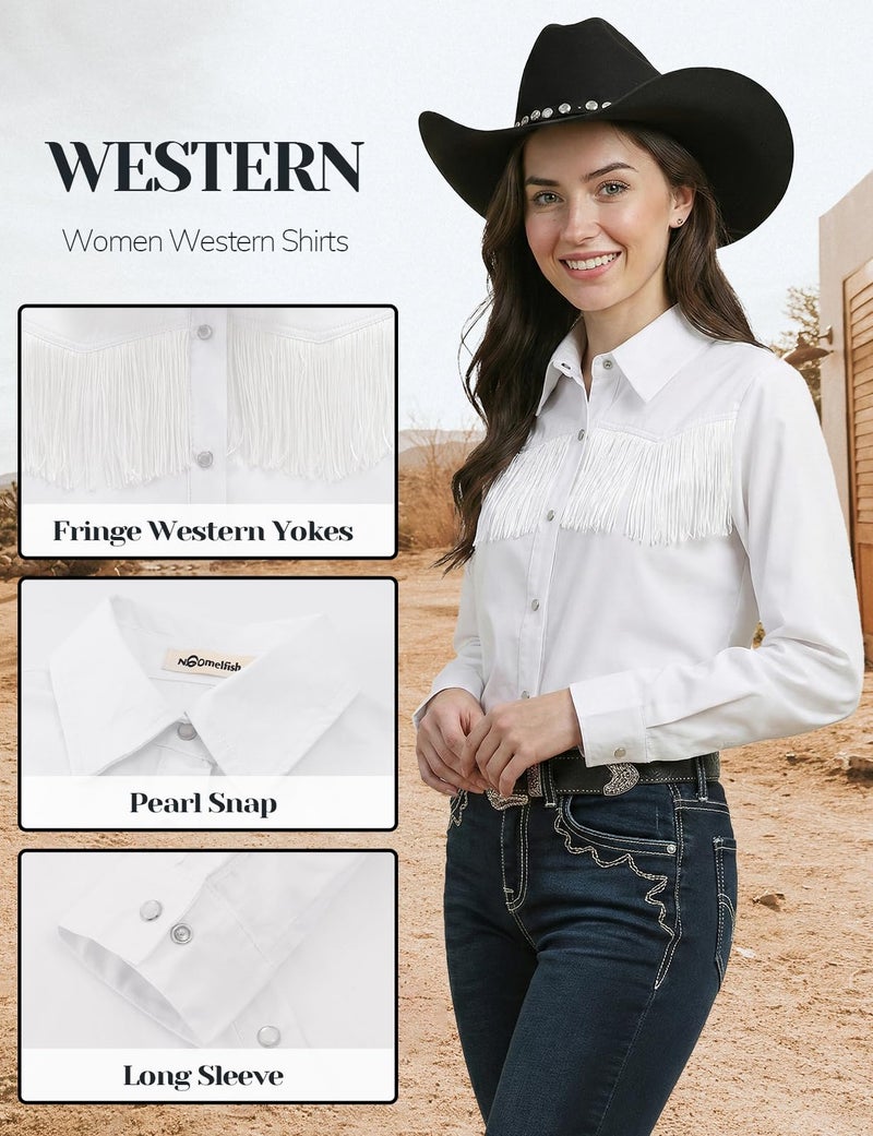 Noomelfish Women's Fringe Western Shirt Pearl Snap Button Down Cowgirl Long Sleeve Blouse Tops, White, Medium - Image 3