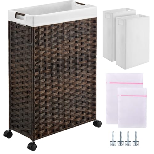 Greenstell Greenstell Laundry Hamper with Wheels 119 Gallon 45L Small Clothes Hamper with 2 Removable Liner Bags  2 Mesh Bags Slim Rattan Laundry Basket for Bathroom Bedroom Brown 