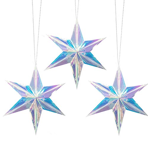 Blukey Iridescent 6 Point Star Hanging Ornament, Clear Foil Folding Decorations, Rainbow Shine Party Decor for Bridal Shower Wedding Birthday Frozen Unicorn Theme Party - Image 5