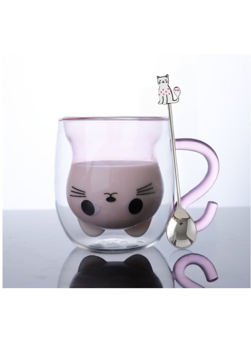 Cute Cat Mugs Glasses Double Wall Insulated Glasses Espresso Cup, Coffee Cup, Tea Cup, Milk Cup With 1 Piece Cute Cat Spoon,  Best Gift for Office and Personal Birthday （Pink Cat)  - Image 1