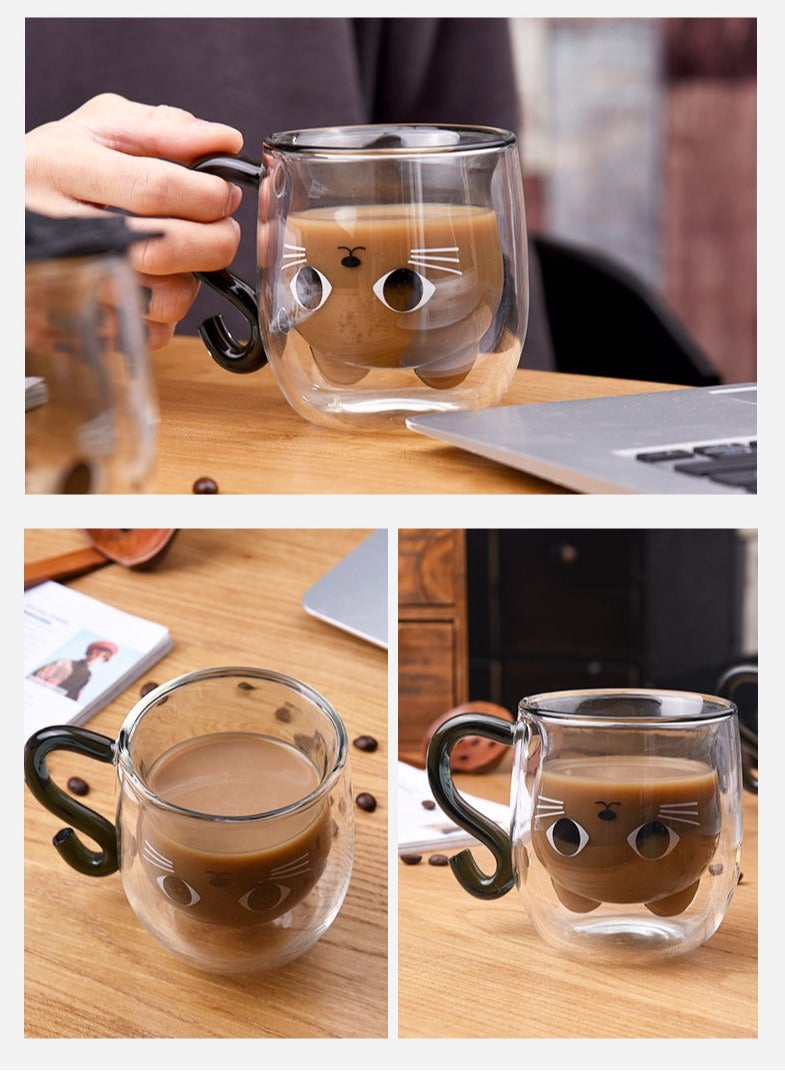 Cute Cat Mugs Glasses Double Wall Insulated Glasses Espresso Cup, Coffee Cup, Tea Cup, Milk Cup With 1 Piece Cute Cat Spoon,  Best Gift for Office and Personal Birthday （Pink Cat)  - Image 3