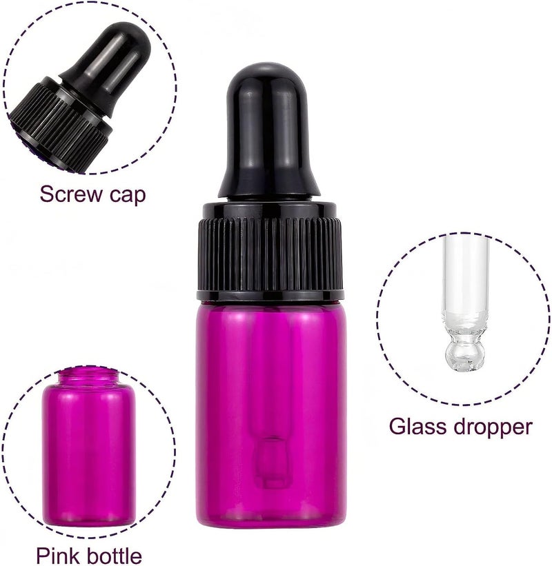 Rowiz 30 PCS 5ml Small Dropper Bottles Essential Oil Glass Bottle,Lotion Perfume Sample Vials with Glass Eye Dropper and Black Caps Pink Bottle. (pink) - Image 3