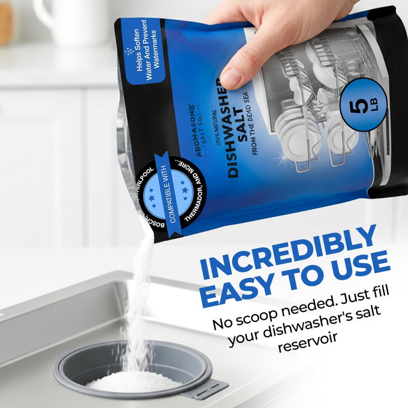 Aromasong Dishwasher Salt 5 LB - 100% Natural Water Softening Agent Compatible with Bosch, Miele, Whirlpool, Thermador and More... For Cleaner Dishes & Washer Reactivation (packaging may vary) - Image 5