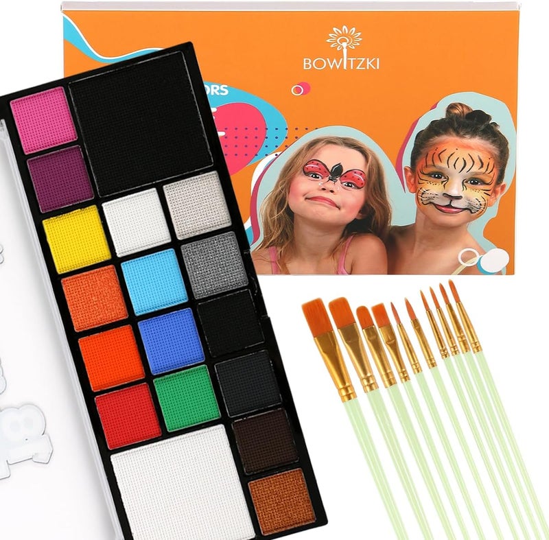 Bowitzki Face Paint Kit with 18 Face Painting Colors1 set brushesNon Toxic Hypoallergenic Water Based Professional Halloween Makeup Body Face Painting Set