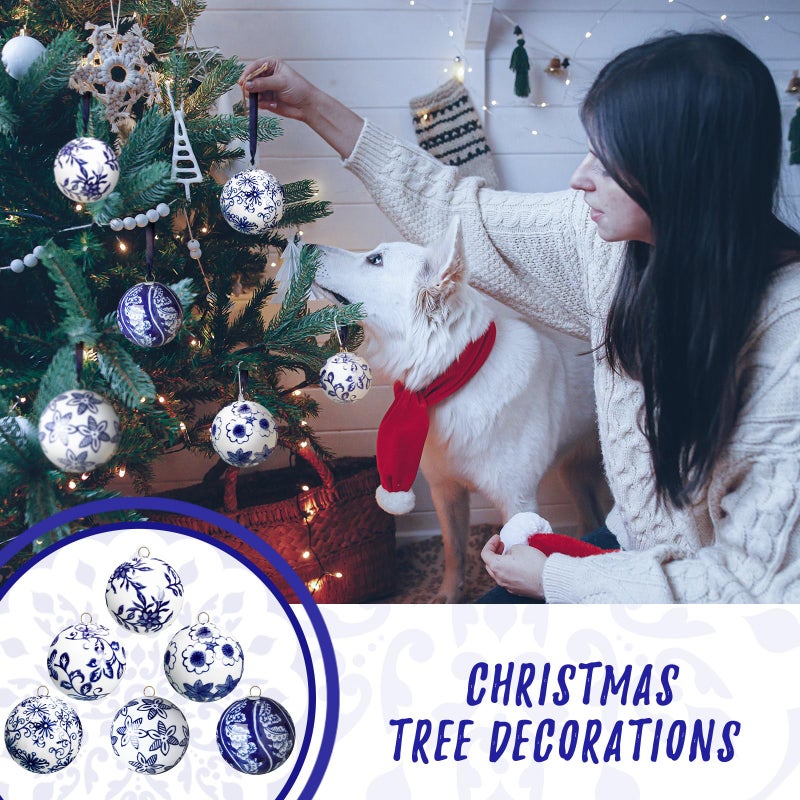 Cindeer 6 Pcs Christmas Porcelain Balls 2.4 Inch Blue and White Porcelain Chinoiserie Ornament Bulk Porcelain Hanging Decorative Ceramic Decor for Home Tree Xmas Party (Stylish Style) - Image 4