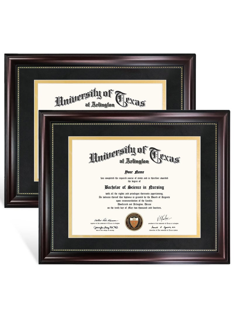 GraduationMall GraduationMall 85x11 Diploma Frame with Black over Gold Mat or Display 11x14 Document without Mat UV Protection Acrylic Mahogany with Gold Beads Set of 2 