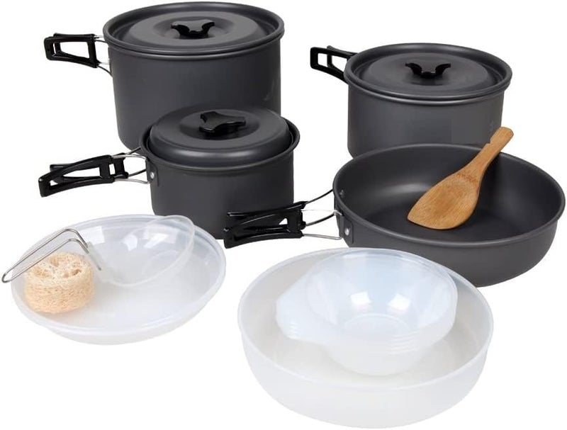 DPCR Camping Cooking Mess Kit, Lightweight Hiking Portable Cookware Set with Mesh Bag, Nonstick Aluminum Cooking Kit, Pot Pan Kettle Backpacking Mess Kit with Bowls (4-5 Person) - Image 1