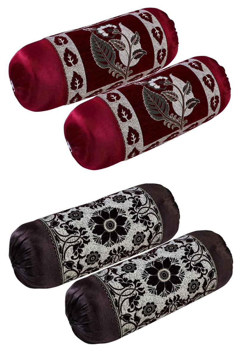 HSR Collection Premium Chennile Luxury Bolster Cover, Maroon & Coffee - 4 Pieces - Image 1