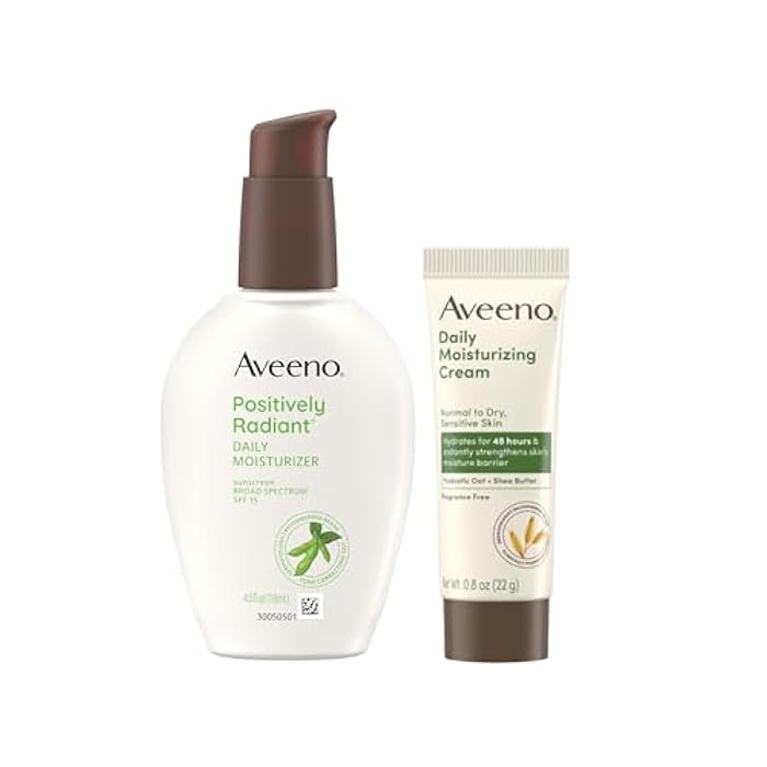 Aveeno Skincare Bundle, Positively Radiant Daily SPF 15 Facial Sunscreen Moisturizer + Soy, 4 fl. oz, & Travel Size Daily Moisturizing Cream for Body, Face, & Hands, 0.8 oz, Two Pack, 2 Items - Image 1