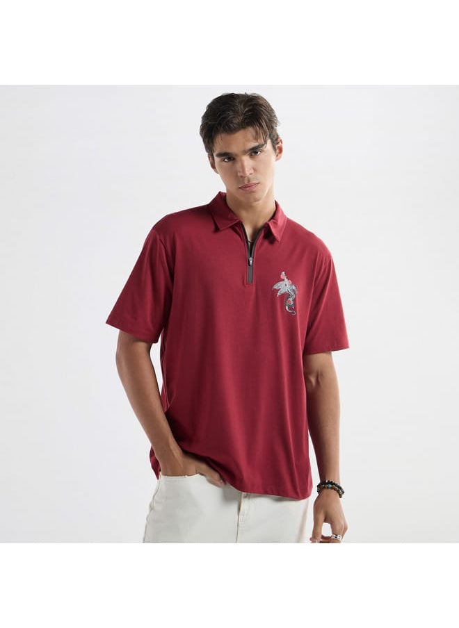 FAV Typographic Print Polo T-shirt with Short Sleeves and Zip Closure  - Image 1