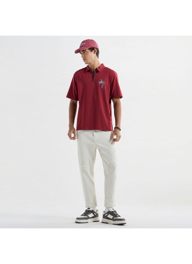 FAV Typographic Print Polo T-shirt with Short Sleeves and Zip Closure  - Image 2