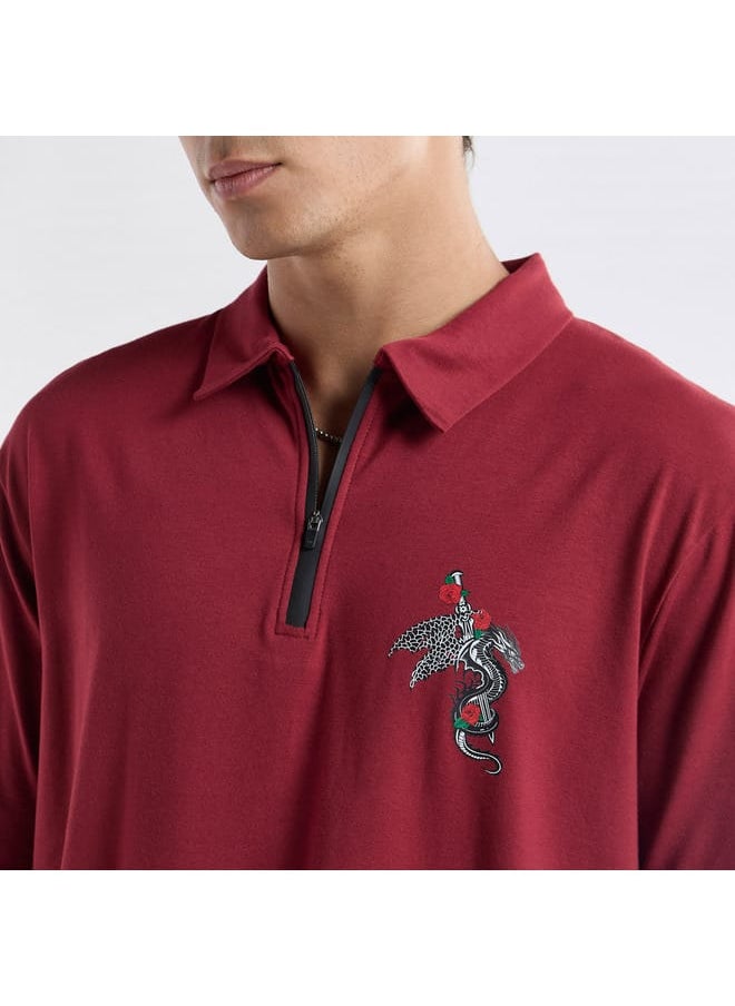 FAV Typographic Print Polo T-shirt with Short Sleeves and Zip Closure  - Image 4