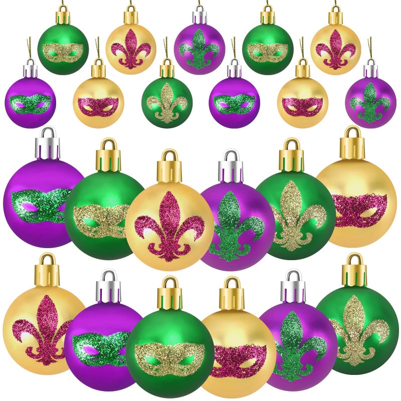JULMELON 24Pcs Mardi Gras Hanging Ball Ornaments Mardi Gras Glitter Hanging Ball Decorations Sequin Purple Green Gold Tree Ornament for Mardi Gras Home New Orleans Masquerade Party Decor - Image 1