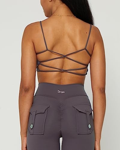 Danysu Womens Backless Sports Bra Open Back Workout Top Light Support Strappy Sport Bra Cute Gym Clothes Crisscross Volcano Ash S - Image 5