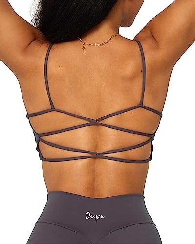 Danysu Womens Backless Sports Bra Open Back Workout Top Light Support Strappy Sport Bra Cute Gym Clothes Crisscross Volcano Ash S - Image 1