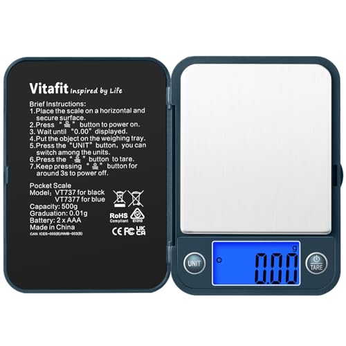 Vitafit 500g Digital Pocket Scale,High Accuracy Assured by Scale Professional Factory Since 2001, Gram Scale 0.01g for Multifunction: Lab,Food, Kitchen,Coffee,Jewelry; Blue - Image 1