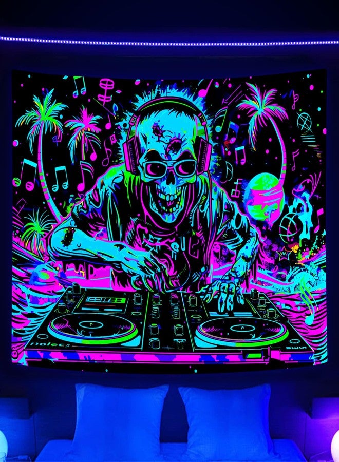 VEIGIKE Cool Gothic Skull Blacklight Tapestry UV Reactive, Funny Trippy Skeleton Music Neon Black Light Art Poster for Men Room Bedroom, Goth Band Hippie Hip Hop Glow in The Dark Party Decor (60X40) - Image 1