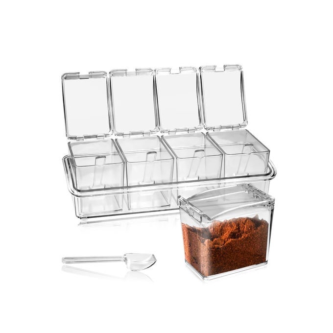 CLEAR SEASONING BOX 4 PIECES SEASONING RACK SPICE POTS STORAGE CONTAINER CONDIMENT JARS ACRYLIC WITH COVER AND SPOON FOR SUGAR SALT CARDAMON CINNAMON TEA HERBAL BASIC CLEAR