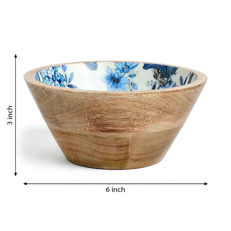 SAAGA Printed Mango Wood Bowls 2Pcs - 6 Inch X 3 Inch - Food Grade Lacquer on Print Katori/Bowls for Snacks, Dry Fruits, Curry Bowl for Home Kitchen Dining Table - White and Mazarine Blue - Image 2