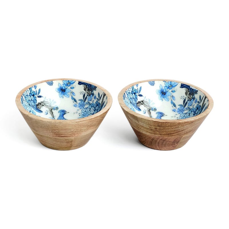SAAGA Printed Mango Wood Bowls 2Pcs - 6 Inch X 3 Inch - Food Grade Lacquer on Print Katori/Bowls for Snacks, Dry Fruits, Curry Bowl for Home Kitchen Dining Table - White and Mazarine Blue - Image 1