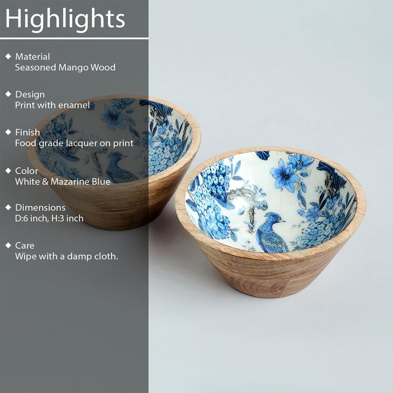 SAAGA Printed Mango Wood Bowls 2Pcs - 6 Inch X 3 Inch - Food Grade Lacquer on Print Katori/Bowls for Snacks, Dry Fruits, Curry Bowl for Home Kitchen Dining Table - White and Mazarine Blue - Image 3