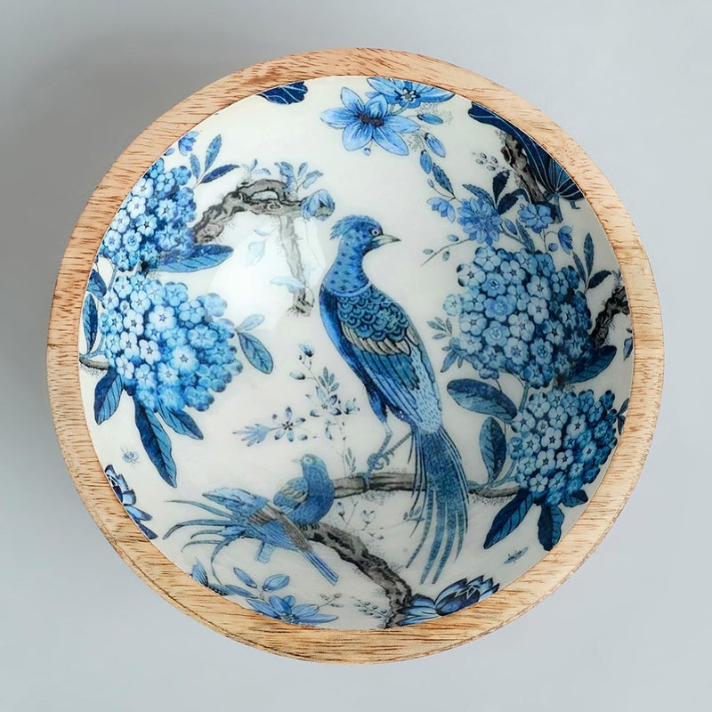 SAAGA Printed Mango Wood Bowls 2Pcs - 6 Inch X 3 Inch - Food Grade Lacquer on Print Katori/Bowls for Snacks, Dry Fruits, Curry Bowl for Home Kitchen Dining Table - White and Mazarine Blue - Image 5