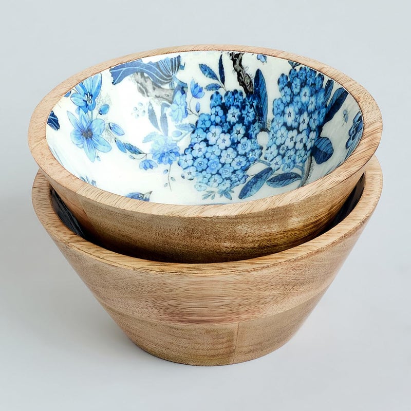 SAAGA Printed Mango Wood Bowls 2Pcs - 6 Inch X 3 Inch - Food Grade Lacquer on Print Katori/Bowls for Snacks, Dry Fruits, Curry Bowl for Home Kitchen Dining Table - White and Mazarine Blue - Image 4