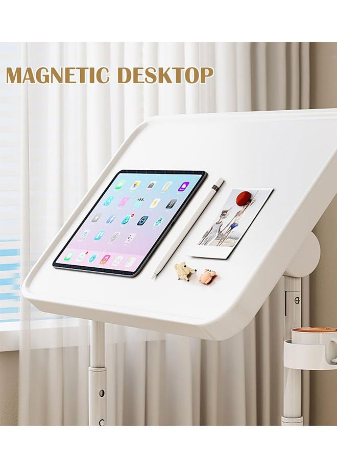 Standing Laptop Desk Small Computer Table with Magnetic Desktop Adjustable Laptop Table Desk Foldable End Side Table Bed Tray Table for Working&Eating(White)