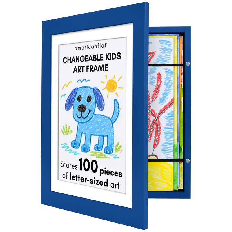 Kids Artwork Frame Changeable Sapphire Blue  Magnetic Door Holds 100 Art Pieces  85x11 Letter Size Display with Mat or 10x125 Without Mat  My Mini Masterpiece