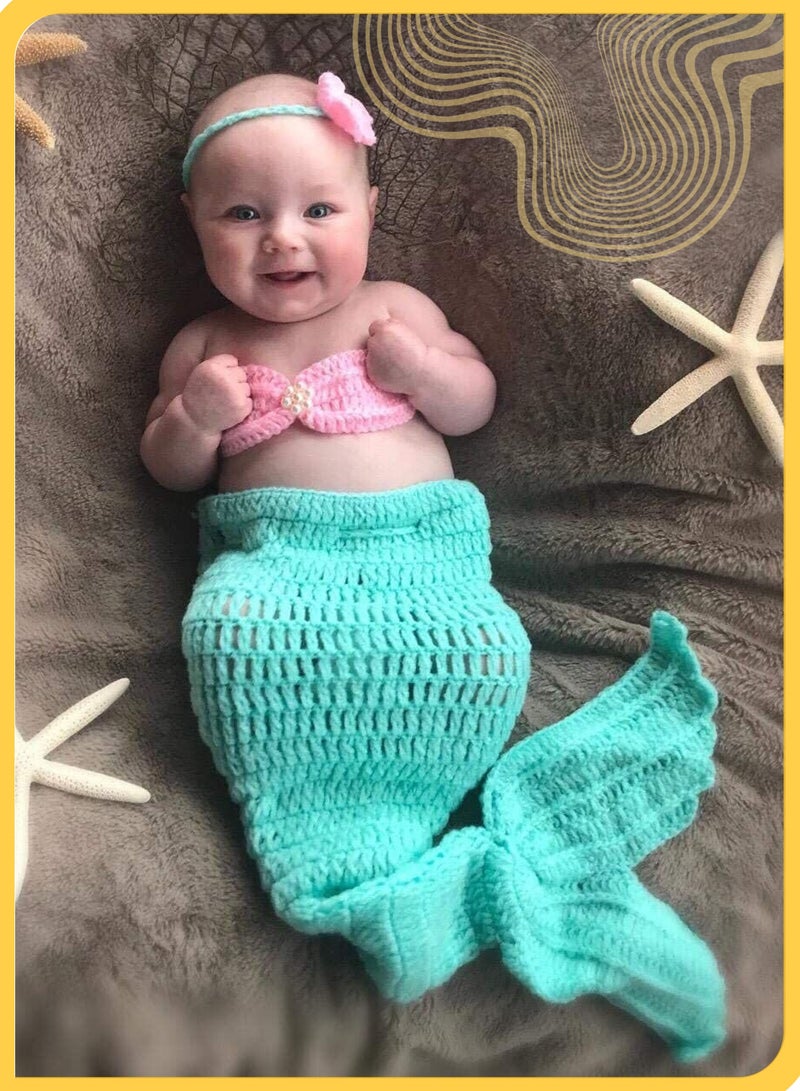 She&Little Newborn Mermaid Photography Outfit Set, Baby Crochet Costume with Tail Bra and Headband, Photo Shoot Accessories for Infant Girls - Image 1
