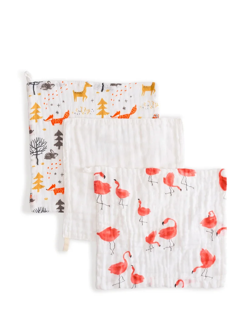 Anvi Baby Muslin Face and Burp Cloth Organic Cotton Set of 3 Flamingo and Fox