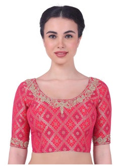 Studio Shringaar Studio Shringaar Women's Elbow Length Sleeves Benaras Brocade Embroidered Saree Blouse (Pink, 38)  - Image 1