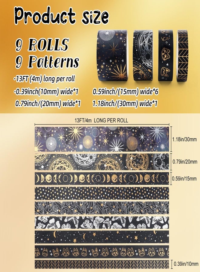 ARPOVIST 9 Rolls Mystic Gold Washi Tape Set,Gold Foil Vintage Black Pattern Decorative Tape,Butterfly Star Moon Decorative Masking Tapes for DIY Scrapbook Design Journaling Handbook Making Card Wrap Craft Gift - Image 2