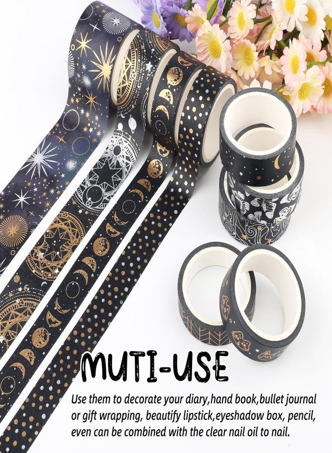 ARPOVIST 9 Rolls Mystic Gold Washi Tape Set,Gold Foil Vintage Black Pattern Decorative Tape,Butterfly Star Moon Decorative Masking Tapes for DIY Scrapbook Design Journaling Handbook Making Card Wrap Craft Gift - Image 5