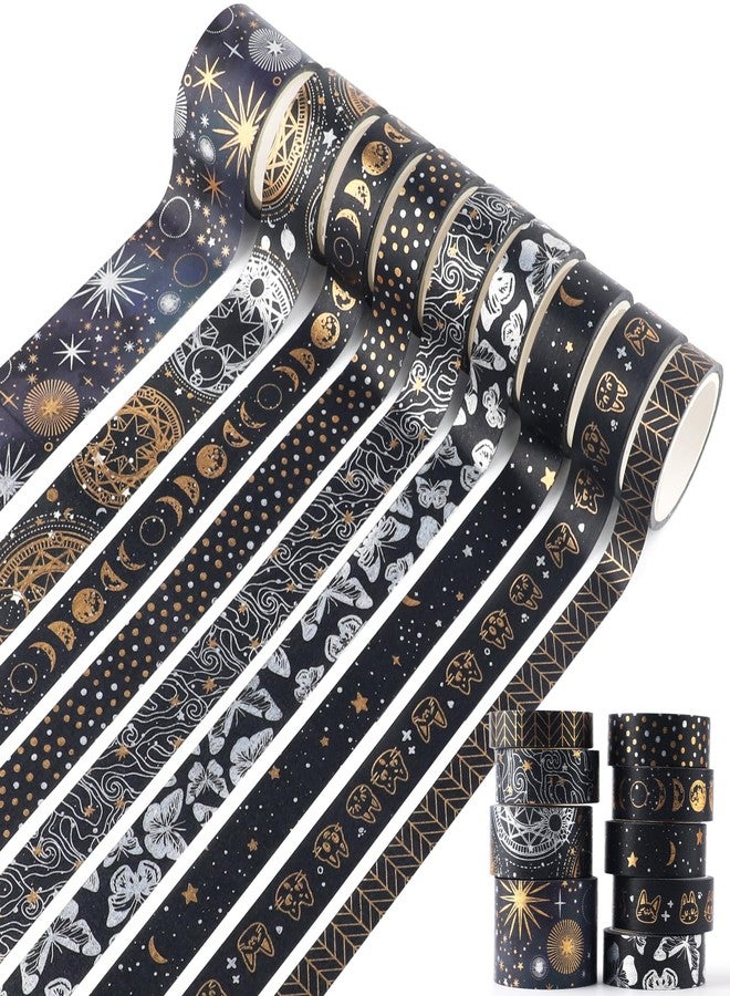 ARPOVIST 9 Rolls Mystic Gold Washi Tape Set,Gold Foil Vintage Black Pattern Decorative Tape,Butterfly Star Moon Decorative Masking Tapes for DIY Scrapbook Design Journaling Handbook Making Card Wrap Craft Gift - Image 1