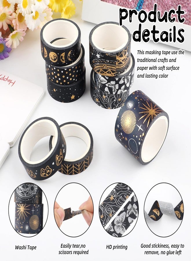 ARPOVIST 9 Rolls Mystic Gold Washi Tape Set,Gold Foil Vintage Black Pattern Decorative Tape,Butterfly Star Moon Decorative Masking Tapes for DIY Scrapbook Design Journaling Handbook Making Card Wrap Craft Gift - Image 3