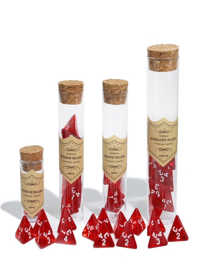 FourDragons 24 Pcs Red D4 Dice with 4 Pcs Healing Potion Bottle, Roleplaying D4 Polyhedral Dice Set Compatible with Dungeons and Dragons D&D RPG MTG Table Games - Image 1