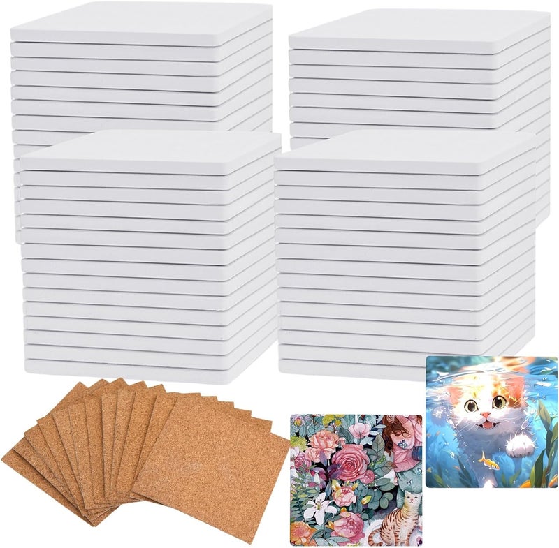 COYMOS 60 Pcs Ceramic Tiles for Crafts White Ceramic Coasters for Crafts Blank Unglazed Ceramic Tiles 4x4 for Painting, Alcohol Ink, Acrylic Pouring, DIY Coaster, Cork Backing Pads Included - Image 1