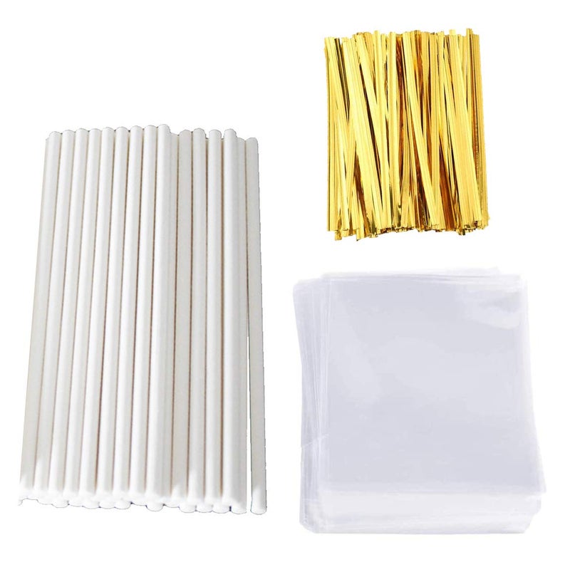 LXS Lollipop Stick (6 Inch), Candy Wrappers And Twist Ties Set, 100 Papery Lollipop Sticks (6 Inch), 200 Lollipop Bags And 200 Twist Ties (500Pcs) - Image 1