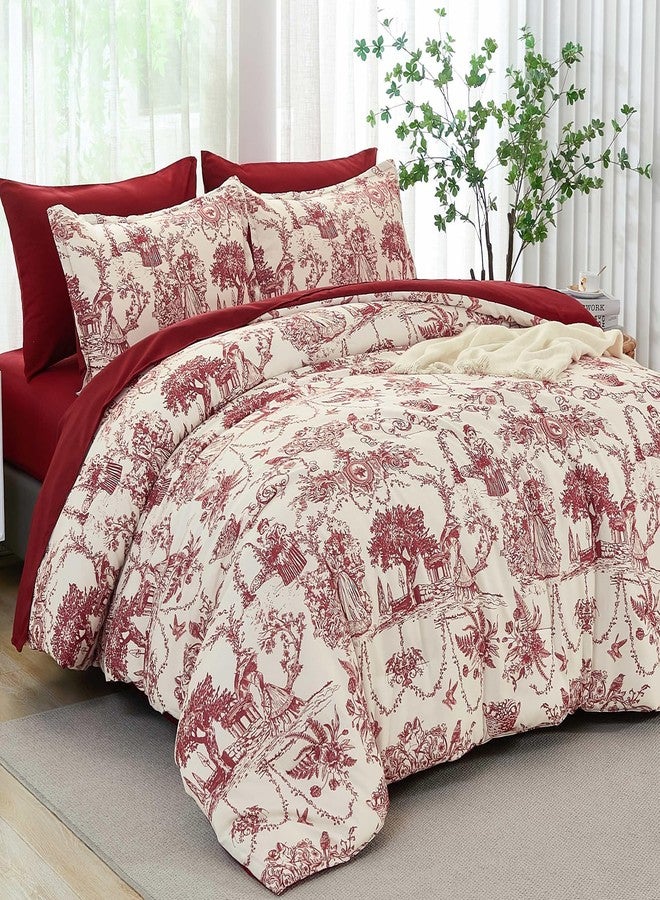 Xruibed Red Comforter Set Queen 7 Piece Bed in a Bag Toile de Jouy Botanical Comforter with Sheet Set Soft Micorfiber Bedding Set (1 Comforter,2 Pillow Shams,1 Flat Sheet,1 Fitted Sheet,2 Pillowcases) - Image 1