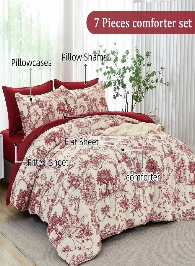 Xruibed Red Comforter Set Queen 7 Piece Bed in a Bag Toile de Jouy Botanical Comforter with Sheet Set Soft Micorfiber Bedding Set (1 Comforter,2 Pillow Shams,1 Flat Sheet,1 Fitted Sheet,2 Pillowcases) - Image 4