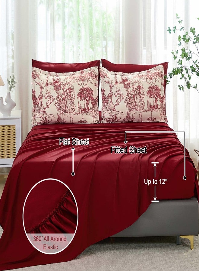 Xruibed Red Comforter Set Queen 7 Piece Bed in a Bag Toile de Jouy Botanical Comforter with Sheet Set Soft Micorfiber Bedding Set (1 Comforter,2 Pillow Shams,1 Flat Sheet,1 Fitted Sheet,2 Pillowcases) - Image 5