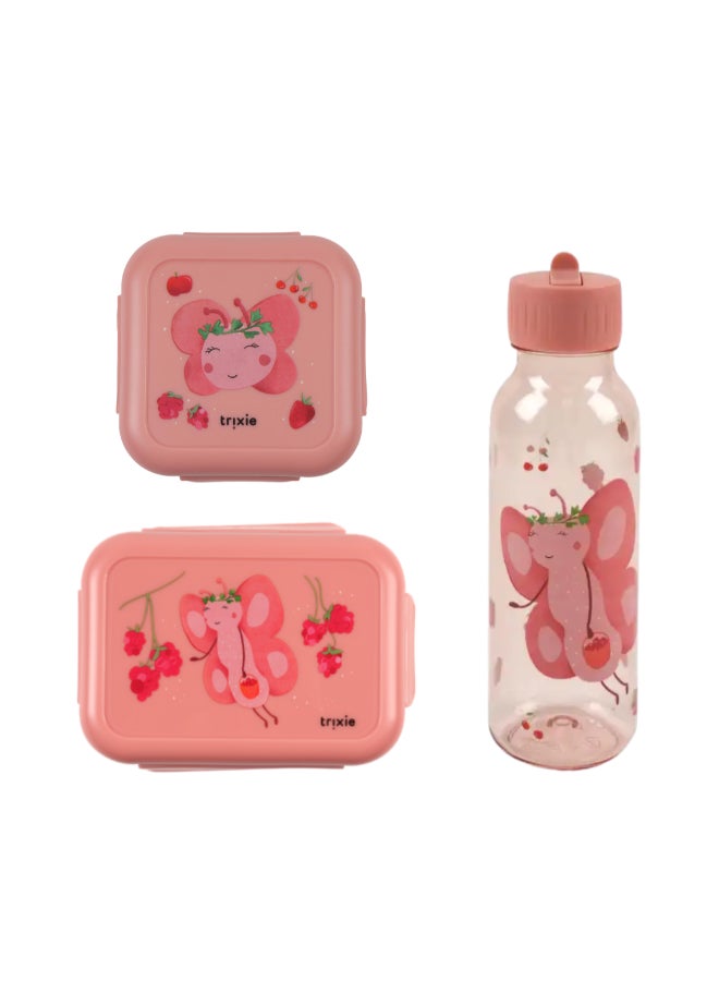 Trixie School Lunch Set of 3 - Leakproof Lunch Box With Clips + Leakproof Snack Box + 500ml Tritan Bottle - Mrs. Butterfly - Image 1