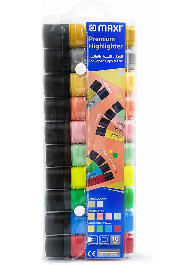 Maxi Super Fluo Highlighter Wallet Of 10Pcs Assorted Colors 4 Classic + 4 Pastel + 2 Metallic  - Image 1