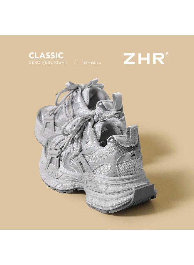 Zhr Women's Summer Patchwork Mesh Breathable Platform Sneakers Jt62e Silver 36 - Image 5